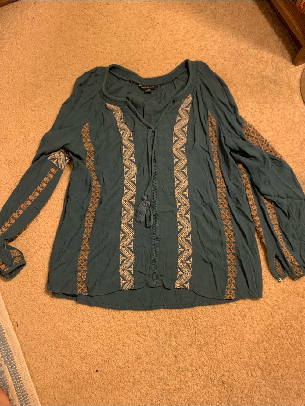 American Eagle Boho Teal Embroidered Peasant Blouse with Tassel Tie